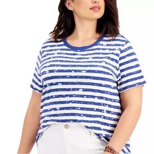 Style & Co Paint Splatter Stripe Cotton Shirt Printed Short Sleeve Blue White L